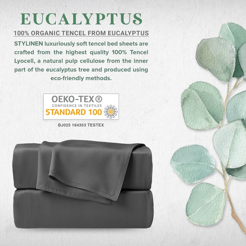 Stylinen 100% Organic Eucalyptus Bed Sheets King Size 4 Piece Set, Tencel Lyocell, Silky Soft & Smooth, Breathable, 16 Inch Deep Pockets, 1 Fitted, 1 Flat, 2 Pillowcases (King, Charcoal) - Image 2